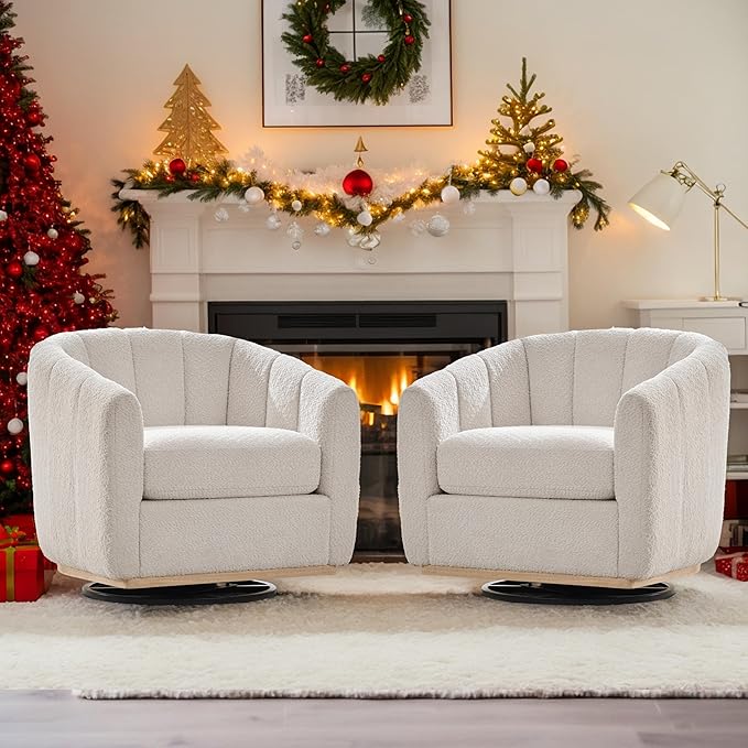 Mlmh &amp Kngwa 32.28 W Swivel Barrel Accent Chair Chenille Upholstered Swivel Chair Comfy Chairs Single Sofa for Living Room Bedroom Ivory