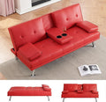 KEIKI 67 Leather Folding Futon Sofa w/Cup Holder &amp Adjustable Backrest Mid Century Modern Couch Loveseat Convertible to Sleeper Bed Comfy Cloud Couch SofaBed for Living Room &amp Bedroom Red