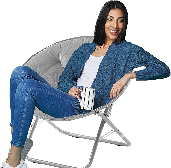 Urban Living Micromink Foldable Saucer Chair Compact Portable Lounge Seat Lightweight Comfortable Indoor Outdoor Relaxation Furniture Ergonomic Design Home Dorm Room Chair Grey