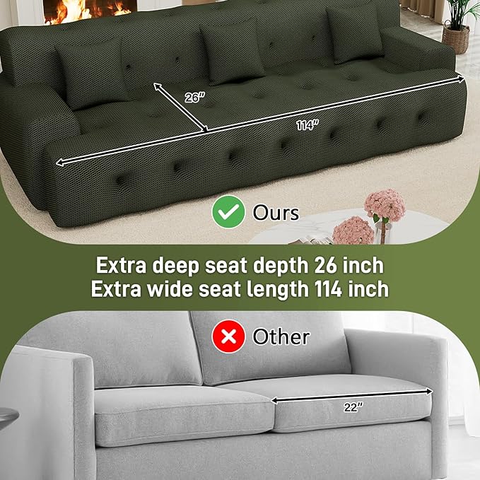 OUYESSIR 114 Boneless CouchCloud Couch3D Mesh Fabric Comfy Sofa3 Seater Modern Curved Sofa for Living RoomBedroom and ApartmentNo Assembly RequiredGreen