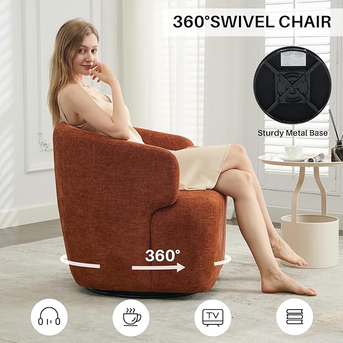 Swivel Accent Chair Chenille Barrel Chair for Living Room Cozy Round Boucle Arm Chair Metal Base for Club Nursery Bedroom Orange