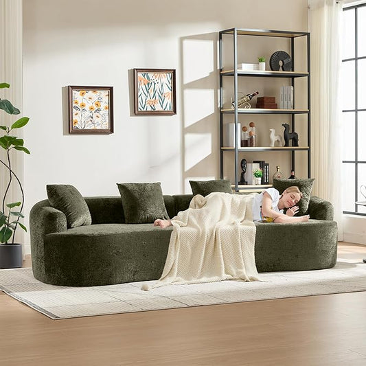 Curved Sectional Couch 110 Chenille Cloud Sofa with 4 Pillows 4-Seater Sleeper Sofa for Living Room Apartment Full Compression Sponge (Olive Green 110 Inch)