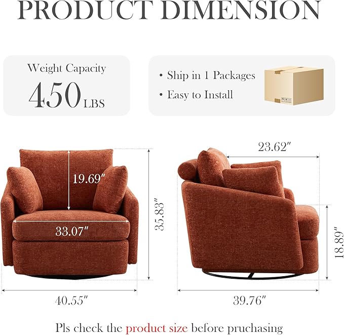Aoiy &amp Wifon 40.55 W Oversized Swivel Accent Chair Modern Comfy Swivel Armchair for Living Room Woven Chenille Orange