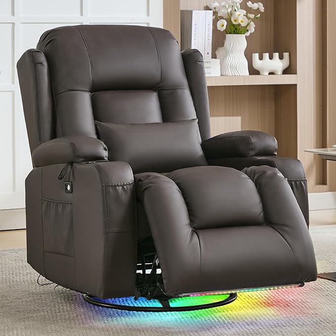 URRED Rocker Recliner Chair for Adults 270° Swivel Glider Reclining Single Sofa with LED Ambient Light Cup Holders and Side Pockets Faux Leather Recliner for Living Room or Home Theater Brown