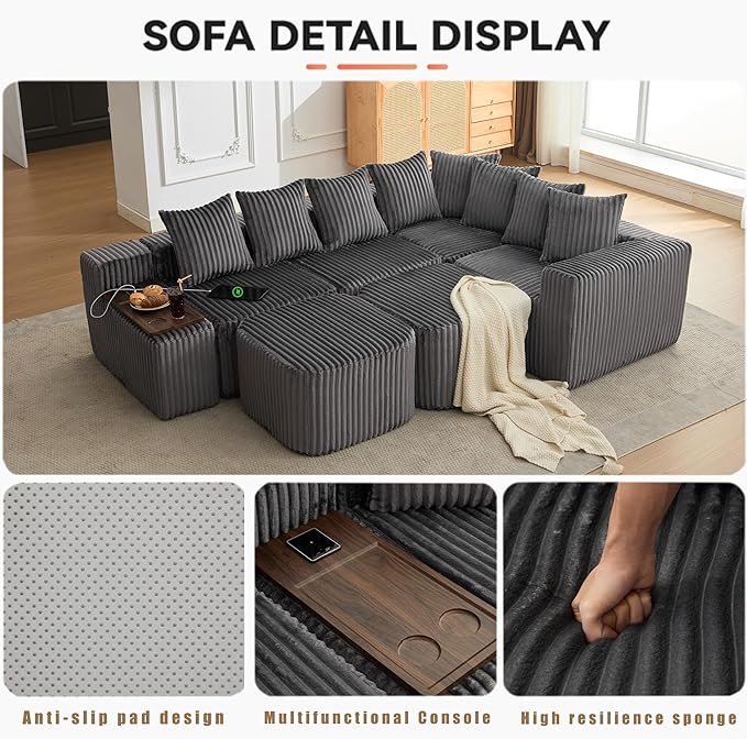 KEIKI 137.5 U-Shaped Sectional Sofa Large 6-Seater Modular Corduroy Couch with Movable Ottoman Smart USB &amp Wireless Charging Module Cup Holder Coffee Table Ideal for Home Gatherings