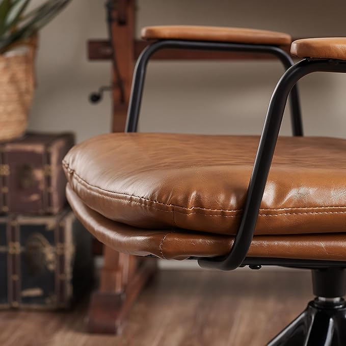 Art Leon Desk Chair No Wheels Set of 2 Mid Century Modern Swivel Chair with Oak Wood Legs Faux Leather Home Office Desk Chairs for Bedroom Living Room Yellow Brown