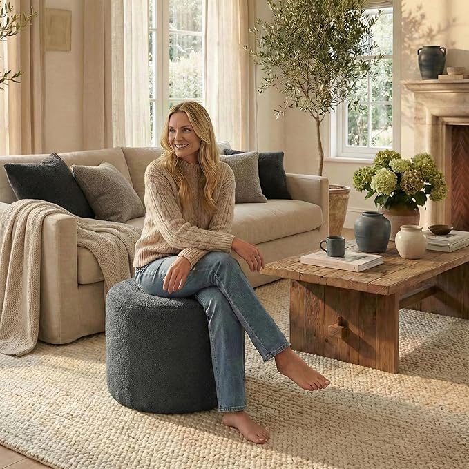 Round Stuffed Pouf Ottoman with Convertible Pull Out Sleeper Couch Sofa Bed Furry and Fluffy Pouf Foot Stool Ottoman Floor Poufs Foot Rest for Living Room Office (Grey)