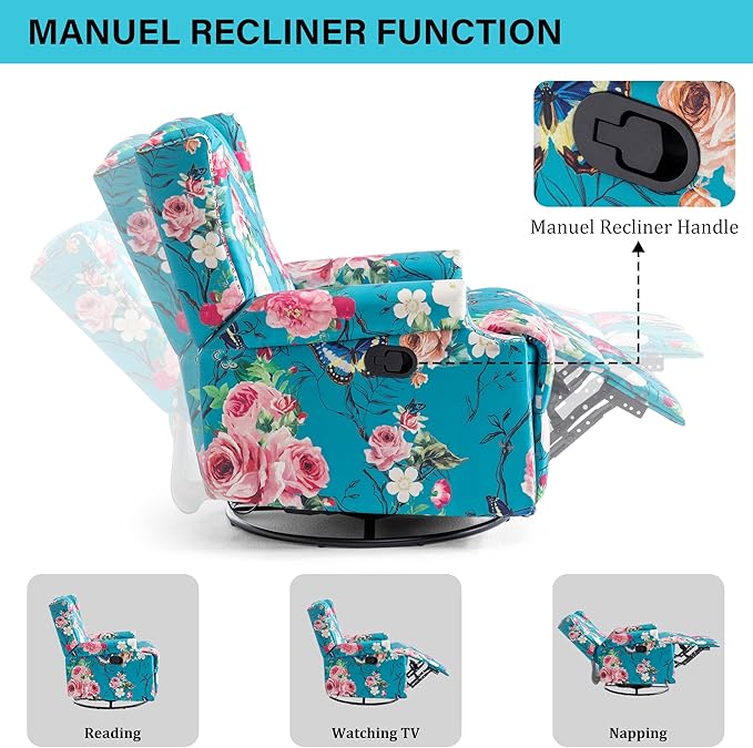 Swivel Rocker Recliner Chair Manual Nursery Glider Recliner Floral Fabric Wingback Accent Chair with Adjustable Backrest &amp Footrest for Small Spaces Living Room Bedroom (Peacock Blue Set of 2)