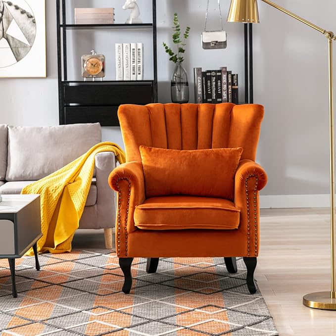 Accent Reading Arm Chairs Set of 2 Midcentury Modern Comfy Corner Sofa Chair Wingback Waiting Room Club Chair with Tufted Back for Living Room/Bedroom/Reception Room Velvet Orange
