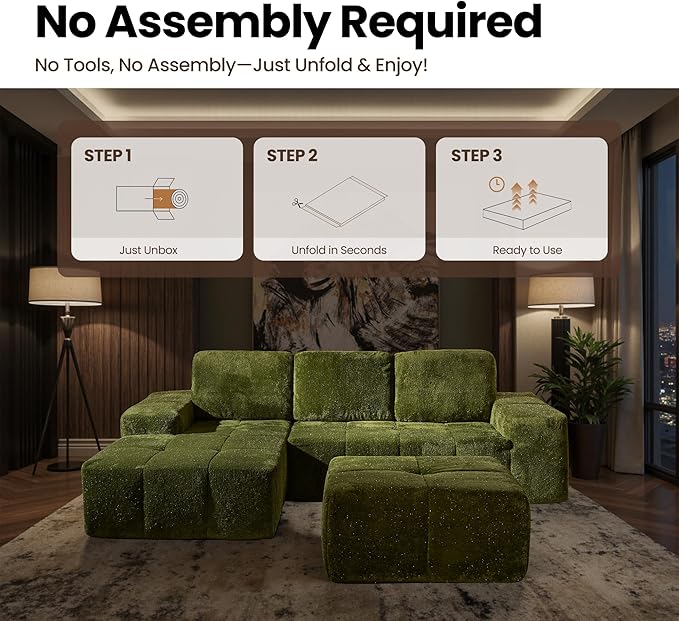 38 Plush Corduroy Ottoman Upholstered Cloud Ottoman for Boneless Couch in A Box Compressed Memory Foam Footrest No Assembly Require Green