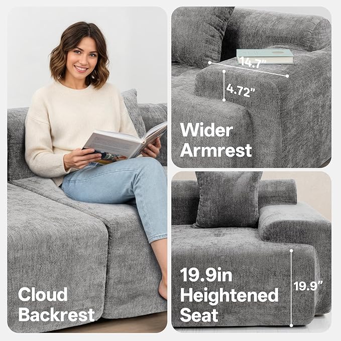 118 Cloud Sectional Couch for Living Room Boneless 4-Seater Lounge Couch with Deep Seat and Movable Ottoman Gray