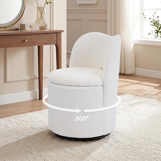 Swivel Teddy Vanity Chair with Storage Upholstered Vanity Stool with Back Sherpa Vanity Stool Chair Round Makeup Chair Swivel Accent Chair Barrel Armchair Soft Padded Seat for Living Room Bedroom