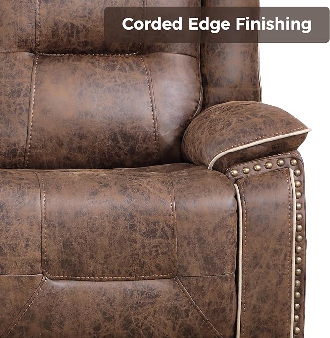 CANMOV Manual Recliner Chair Set Faux Leather Recliner Living Room Furniture Sets 2 Seater Reclining Sofa Chair with Hidden Storage and Cup Holders and Storage Pockets Brown