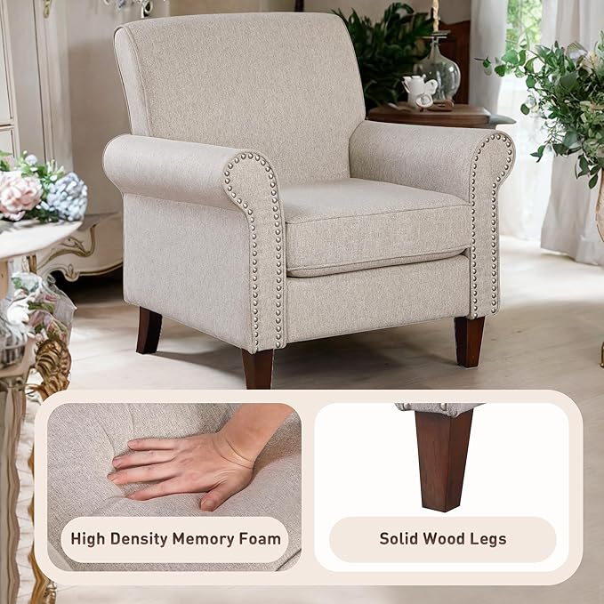 Prilinex Upholstered Living Room Chair Set of 3 - Large Comfy Fabric Accent Chair Single Sofa with Cushion Rolled Armrest &amp Nailhead Trim Mid Century Farmhouse Armchair for Bedroom Office Beig