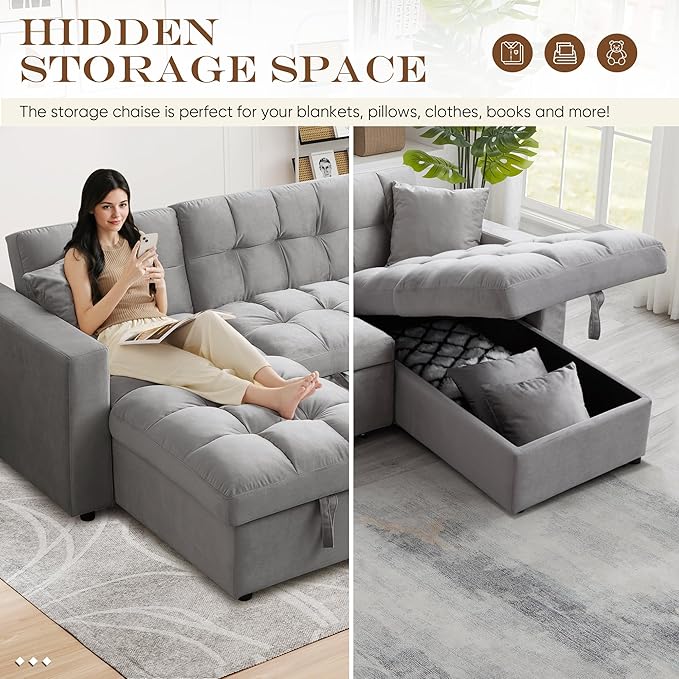Convertible Sleeper Sofa Bed82.6W Velvet Tufted L Shaped Sectional Couch with Adjustable Back &amp Reversible Storage ChaiseModern Futon Pull Out Couch Bed for Living RoomApartmentSmall Place(Gr