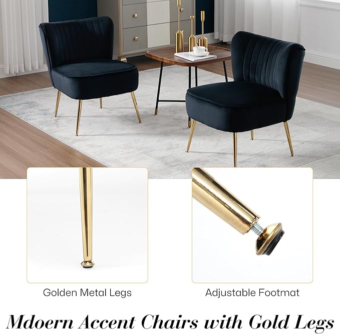 Velvet Accent Chair Set of 4 Comfy Upholstered Side Chair with Gold Metal Legs and Padded Seat Modern Small Corner Armless Living Room Chairs with Wing Back Black