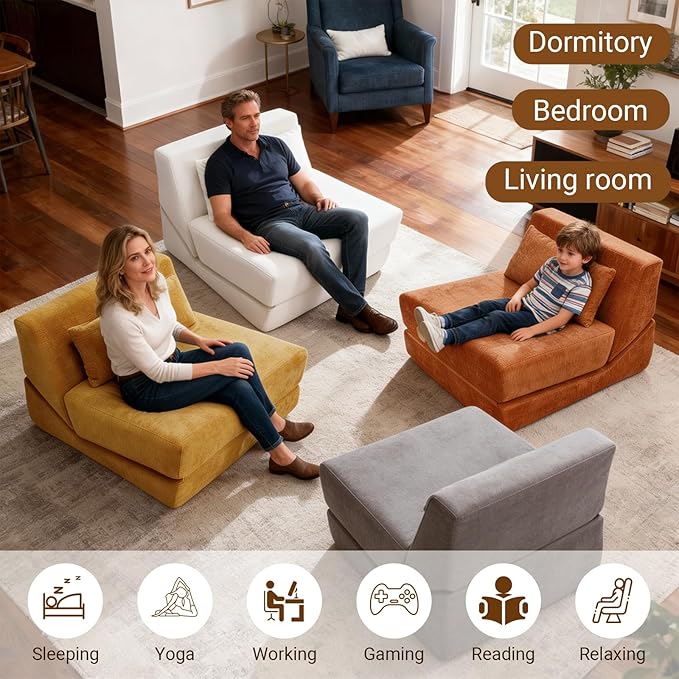Folding Sofa Bed Chair 3 in 1 Convertible Sleeper Chair Bed w/Pillow Handle Floor Sofa Lounge w/Back Support &amp Removable Washable Cover for Living Room Bedroom Apartment (White) | Washable Cov