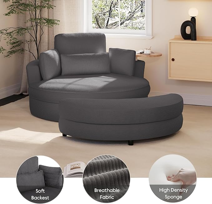 Yoglad Oversized Round Swivel Accent Chair with Ottoman &amp Wooden Armrest Tray – 360° Rotation and Stylish Modern Corduroy Fabric Perfect for Living Room/Apartment/Studio(Gray)