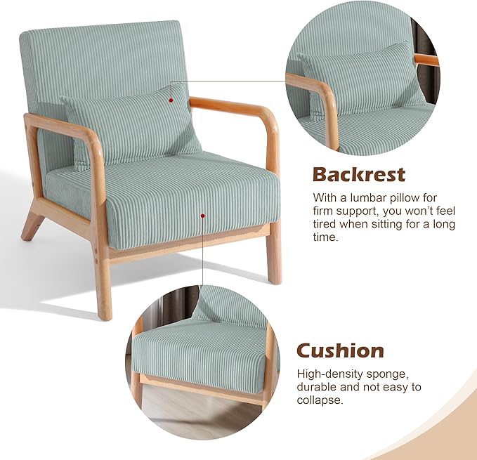 UIXE Modern Accent Chair Corduroy Upholstered Armchair for Living Room Comfy Arm Chair Single Sofa Bedroom Reading Seat with Lumbar Pillow &amp Wooden Armrests - Light Blue