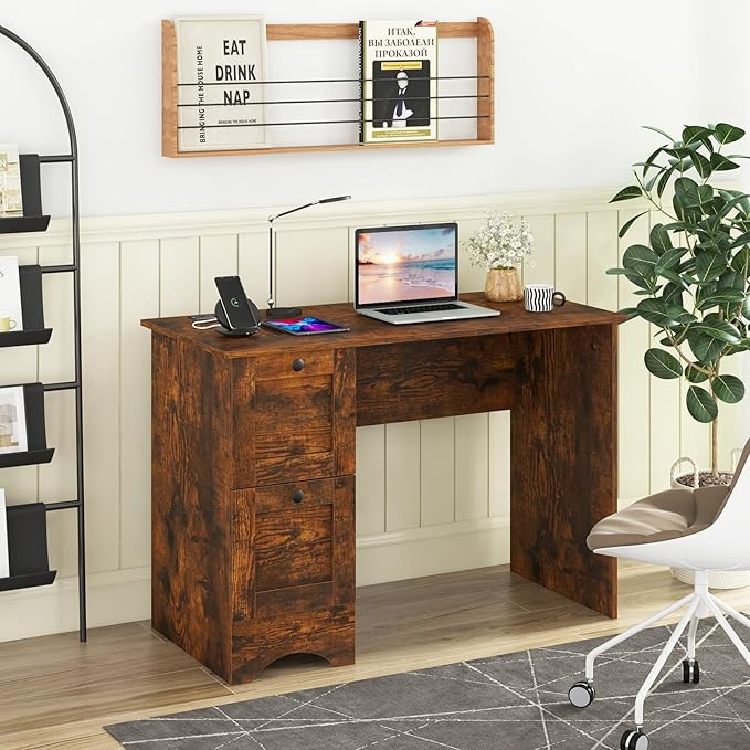 Nightcore 43” Modern Computer Desk Home Office Writing Desk with Power Outlet &amp 2 Storage Drawers PC Laptop Working Desk Workstation for Study Bedroom Living Room (Rustic Brown)