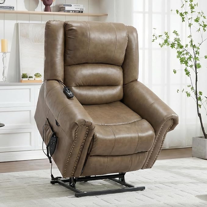 Genuine Leather Power Lift Recliner Chair Lazy Boy Recliner Chair with Charging Ports for Living Room Theater Seating Electric Single Sofa with Round Armrest Camel Brown