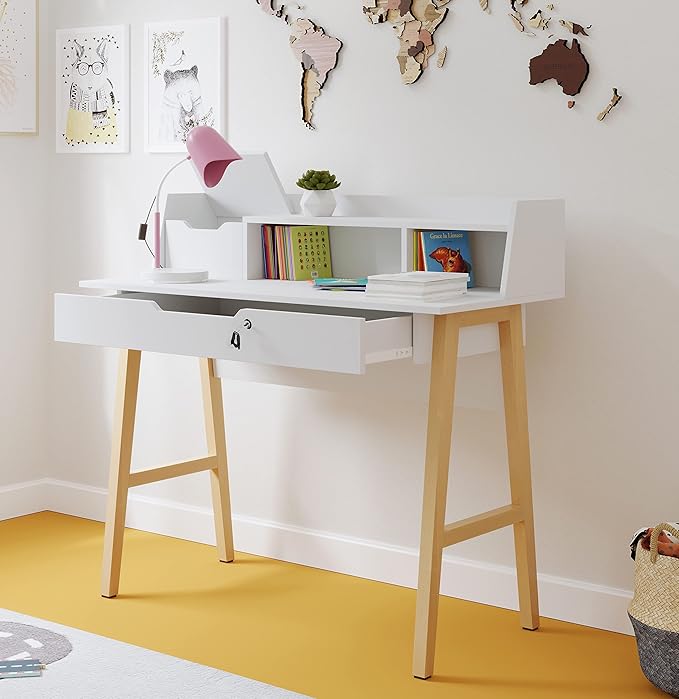 Modern Design Roma Small Desk for Bedroom 40 inch White Writing Desk with Hutch and Locking Drawer by Crafts and Comfort
