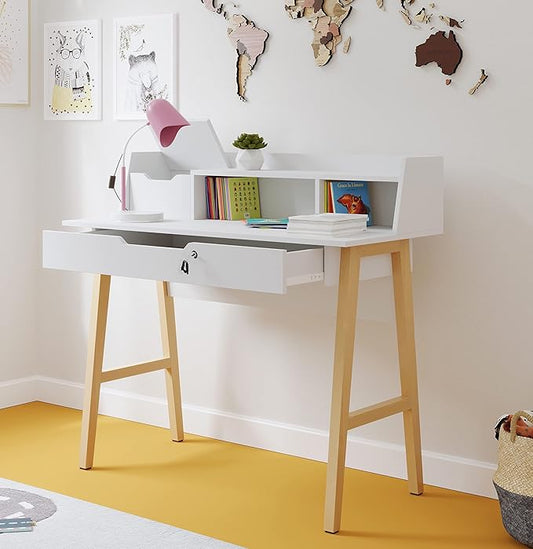 Modern Design Roma Small Desk for Bedroom 40 inch White Writing Desk with Hutch and Locking Drawer by Crafts and Comfort