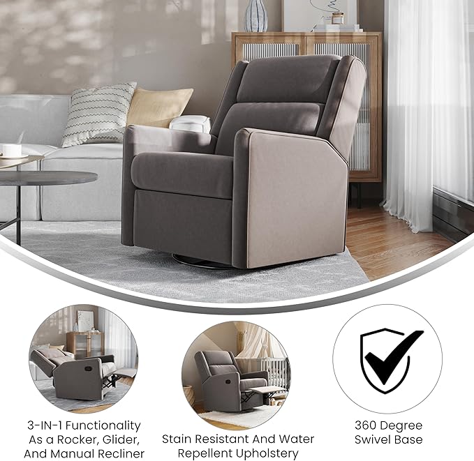 Flash Furniture Cash Swivel Glider Rocking Recliner Manual Recliner with 360 Degree Swivel for Living Room Bedroom or Nursery Fabric Upholstered Dark Gray