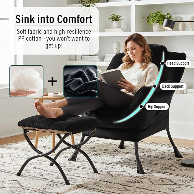 Lazy Chair with Ottoman Modern Accent Chair with Armrests and a Side Pocket Velvet Black Accent Chairs Reading Chairs Oversized Armchairs for Bedroom Study Living Room Courtyard