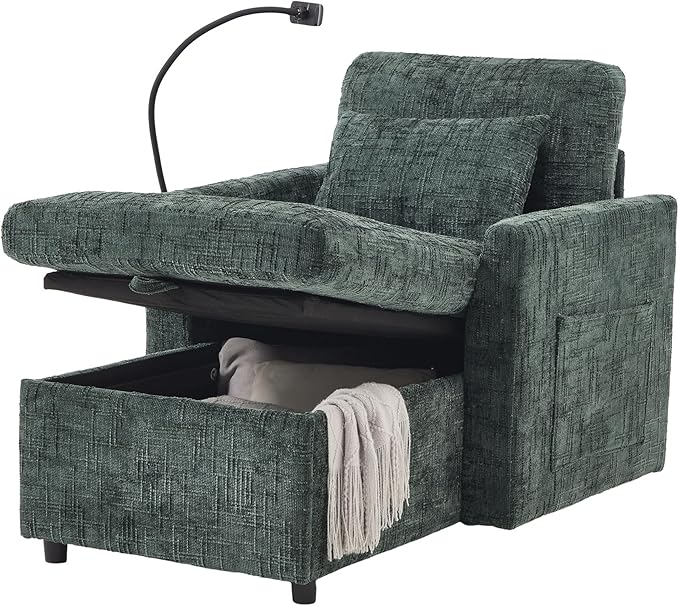 32 Comfy Chaise Lounge Sofa Bed Chair with Storage Side Pockets Phone Holder &amp 2 Pillows Modern Chenille Upholstered Sleeper Sofa Leisure Chair for Living Room Bedroom Small Spaces (Emerald)