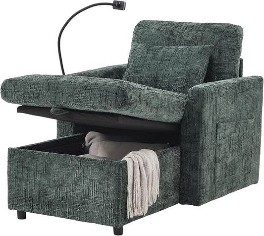32 Comfy Chaise Lounge Sofa Bed Chair with Storage Side Pockets Phone Holder &amp 2 Pillows Modern Chenille Upholstered Sleeper Sofa Leisure Chair for Living Room Bedroom Small Spaces (Emerald)