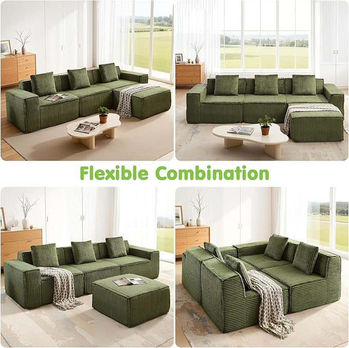 117.6'' Boneless Couch Cloud Couch Sectional L-Shape Modular Sectional Sofa Convertible Corduroy Sleeper Sofa Bed Upholstered Couches for Living Room No Assembly Required