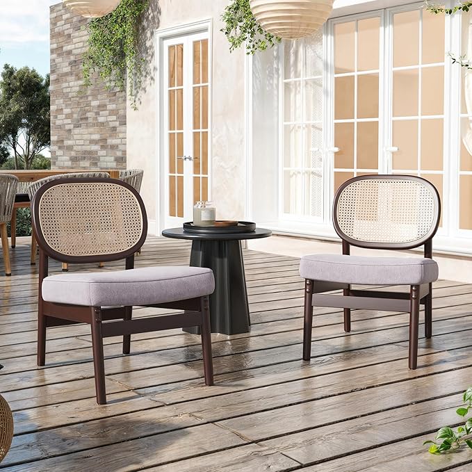 Farini Rattan Accent Chair Upholstered Living Room Chair with Rattan Back &amp Wood Frame Mid-Century Modern Reading Chair for Living Room Bedroom Khaki