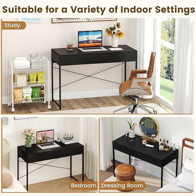 GOFLAME Modern 2-Drawer Computer Desk Home Office Desk w/Reinforced Heavy-Duty Metal Frame Versatile Study Writing Desk w/Anti-Tip Kit Ideal for Bedroom Study Office Small Spaces Black