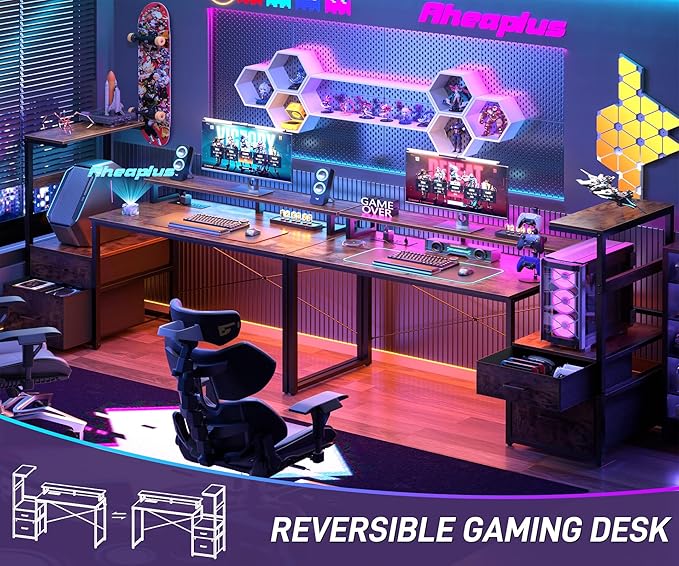 Aheaplus Gaming Desk with LED Strip &amp Power Outlet 59Inch Reversible Computer Desk with Monitor Stand &amp Storage Shelves Home Office Desks with Fabric File Drawer Gamer Table PC Desk Rustic