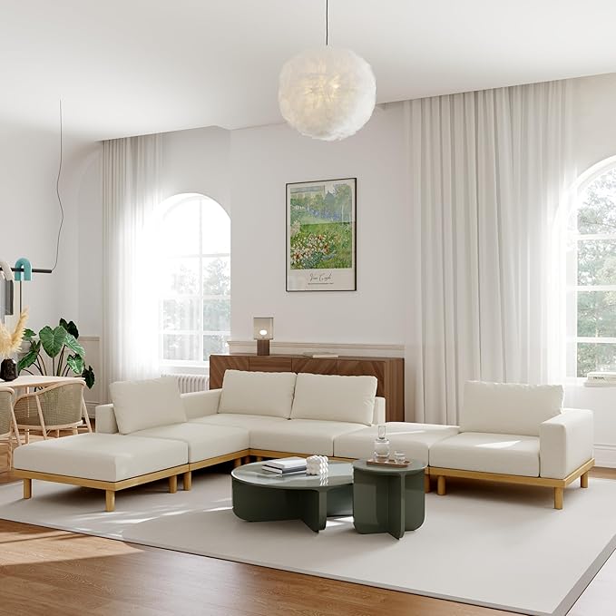 Acanva Minimalist Modular Sectional Sofa for Living Room Wide &amp Deep Seat Convertible Furniture Set with Metal Frame and Movable Covers Ottoman Off White