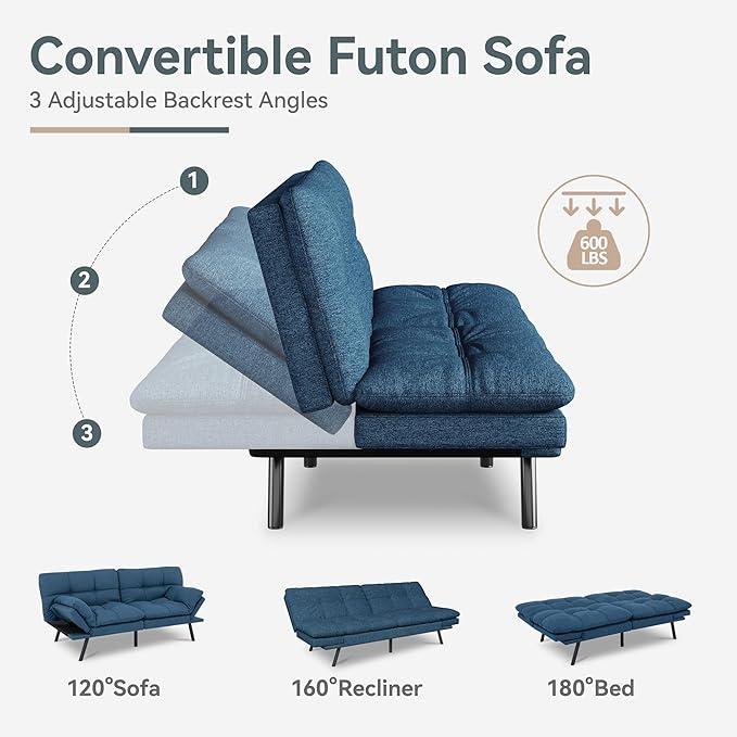 Futon Sofa Bed Convertible Couch Blue Linen Sofa Bed with Memory Foam Adjustable Backrest &amp Armrests Multifunctional Small Loveseat Sleeper Sofa for Living Room Apartment Office