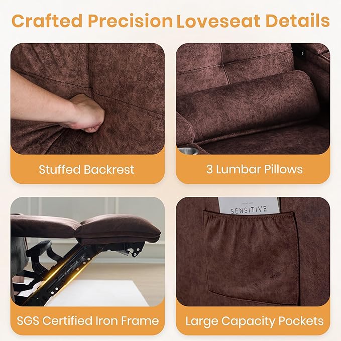 Power Reclining Loveseat with Flip Backrest Power Loveseat Recliner Sofa with LED Lights Bluetooth Speaker 3-Seater Recliner Sofa with Arm/Seat Storage (Brown Loveseat with Console)
