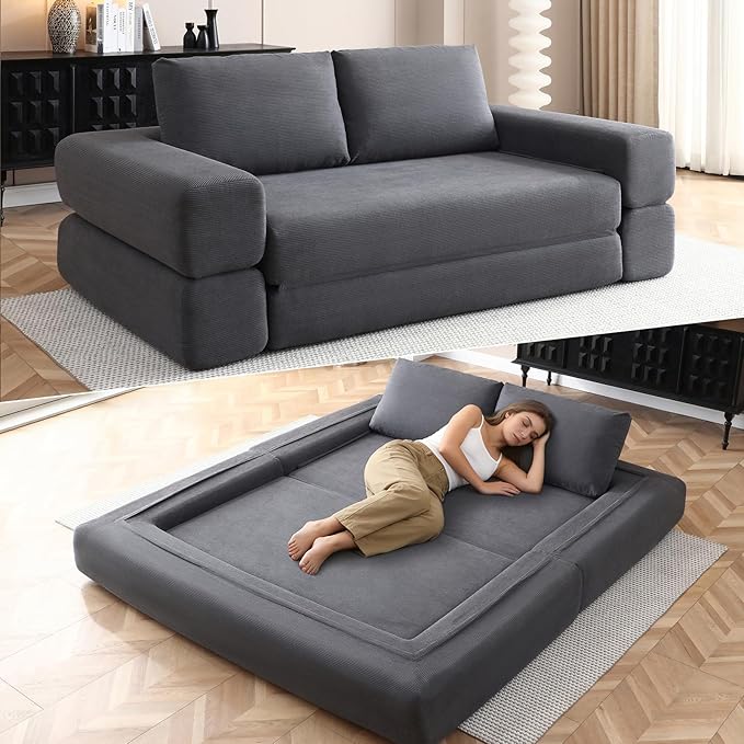 81 Inch Convertible Folding Sofa Bed Fold Out Couch Bed Corduroy Futon Couch with Back Pillows Boneless Sofa Comfy Lounge Floor Sleeper Mattress Loveseat for Living Room Bedroom Gray