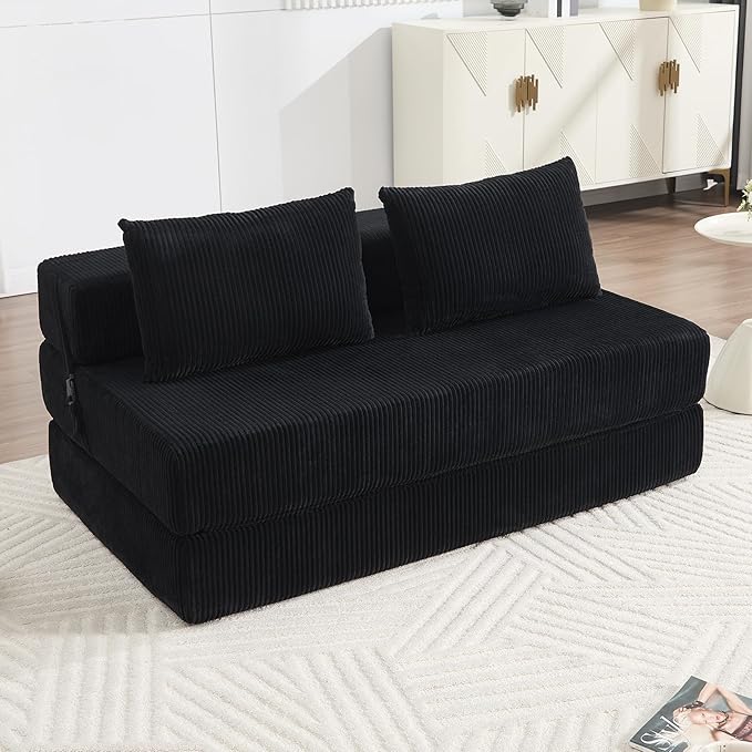 KIVENJAJA Folding Sofa Bed Full Size 3-in-1 Convertible Sleeper Sofa Corduroy Foldable Boneless Floor Futon Couch with Backrest &amp Pillows for Home Living Room Office Apartment Small Spaces Blac