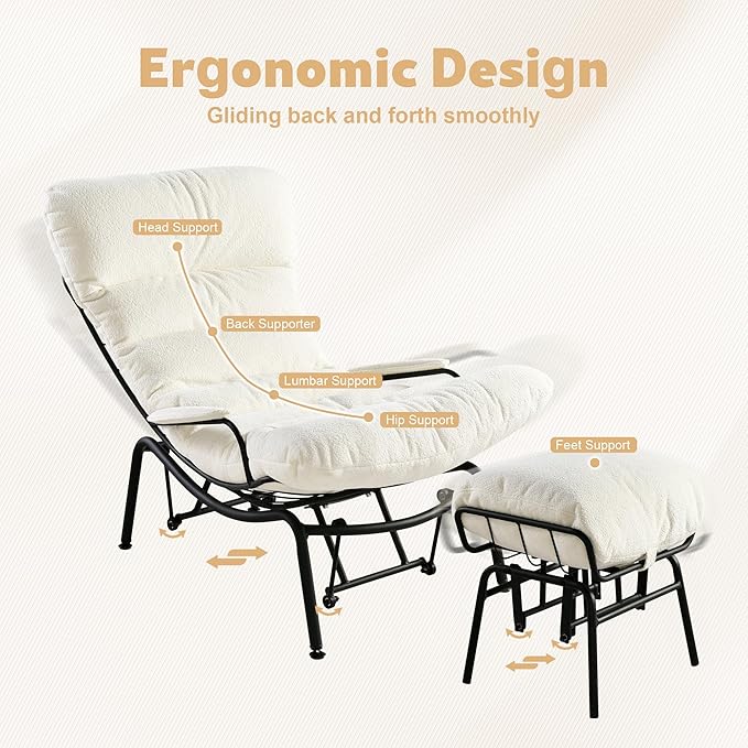 ovios Rocking Chair with Ottoman Glider Recliner with Footrest Lazy Accent Armchair with Comfy Cushion for Living Room Bedroom Office Cloud Plush Velvet White