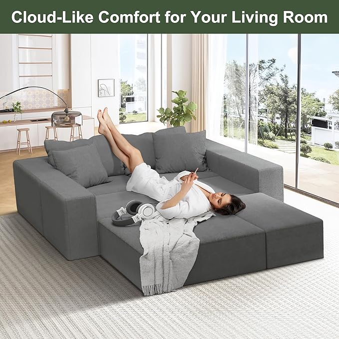 132 Modular Sectional Sofa Cloud Couch Sectional Modern Chenille Upholstered L-Shaped Sofa Set with 6 Pillows Deep Seat Comfy Couch for Living Room Free Combination No Assembly Required (Grey)