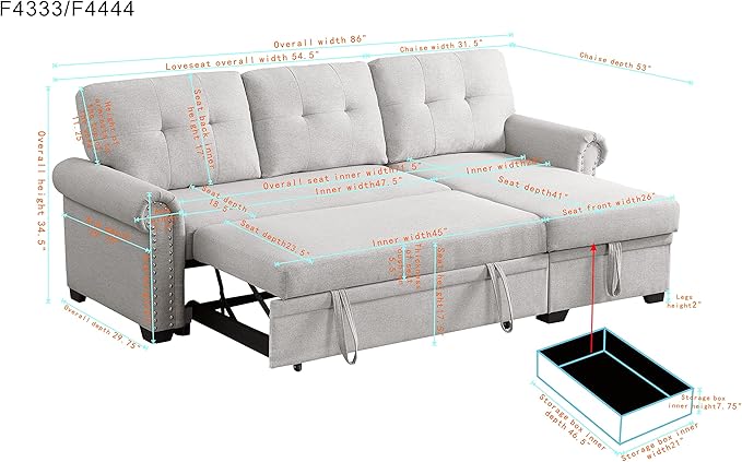 Convertible Sleeper Sofa with Pull Out Bed 3-Seat Sofa Bed Sleeper Couch with Storage Chaise Lounge for Apartment Living Room Home Office Guest Room (Light Gray Sofa Bed Couch)