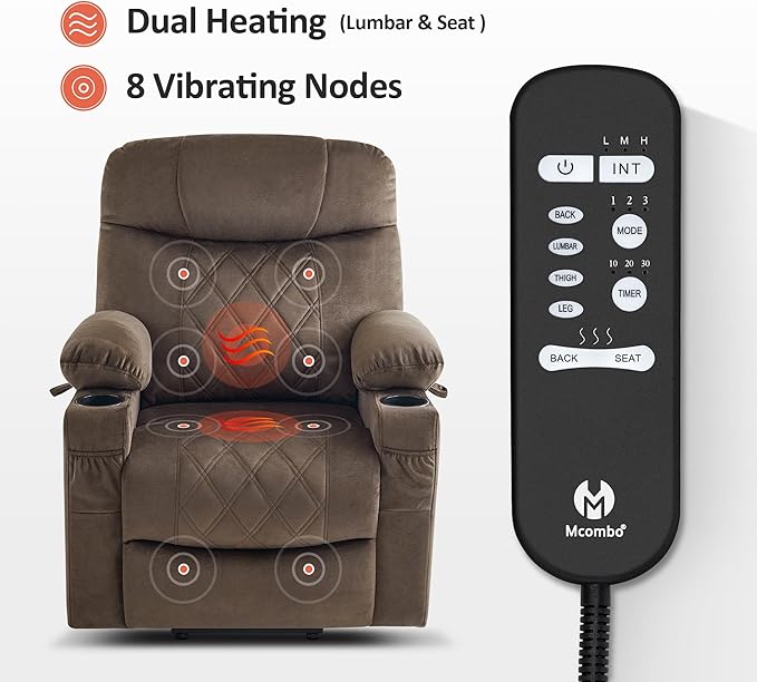 MCombo Small Size Triple Motor Power Lift Recliner Chair Sofa with Massage and Dual Heating Adjustable Headrest for Elderly People Petite USB Ports Extended Footrest Fabric 7222 (Coffee)