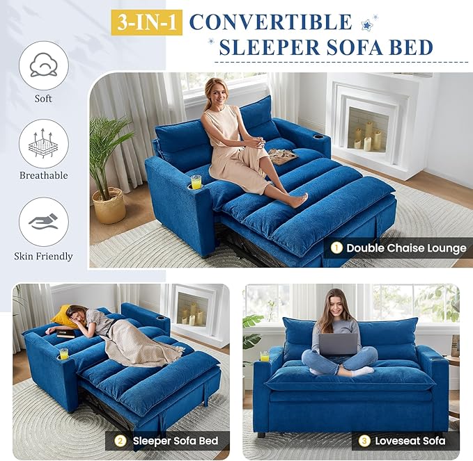 56.3 Convertible Sleeper Sofa Bed 3 in 1 Velvet Pull Out Loveseat Couch Modern Comfy Thick Cushion Futon with Adjustable Backrest &amp 2 Cup Holders Space Saving for Living Room Small Apartment B