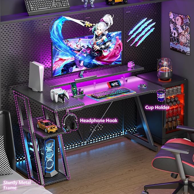 55 Inch Gaming Desk with Power Outlet &amp LED Lights L Shaped Gamer Computer Table with Storage Shelves for Bedroom Corner Home Office Desk Carbon Fiber Black