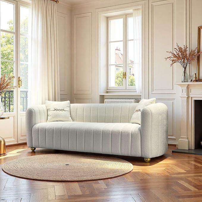 Modern Lambswool Loveseat Sofa Couch for Living Room 84 Comfy Upholstered 3 Seater Sofa Couch with Gold Metal Legs &amp 2 Pillows Luxury Sectional Sofa for Bedroom Office Apartment Creamy-White