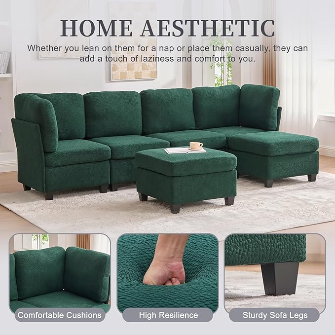 113 Modular Sectional Sofa Couch with Storage U Shaped 4 Seat Couches with Movable Ottoman Freely Combinable Deep Seat Sofa Upholstered Sectional Couches for Living Room Emerald