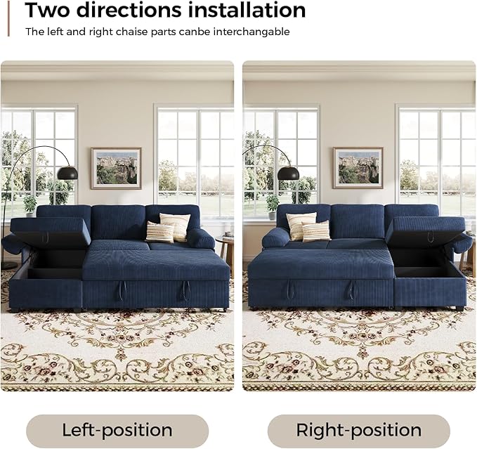 80 inch Convertible Sectional Sofa L-Shaped Sofa Sleeper with Reversible ChaiseCouch Bed with StorageRemovable ArmrestModern Pull Out Bed for Living Room BedroomCorduroy Blue