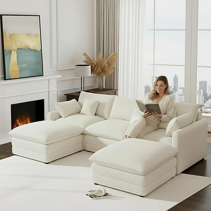 108'' Modular Sectional Sofa U-Shaped Sectional Couch with Deep SeatComfy Fluffy Soft Corduroy 5-Seat Couches Modern Convertible Cloud Sofa with Ottoman for Living Room Apartments(Beige)